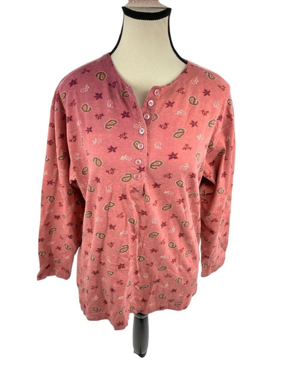 Vintage White Stag Womens M Pink Paisley Floral Henley Top 3/4 Sleeve Cotton